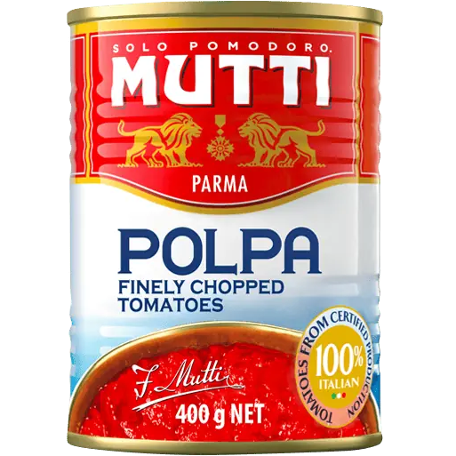 Mutti Fine Crushed Tomatoes in a can, fresh and vibrant, perfect for cooking and making sauces.