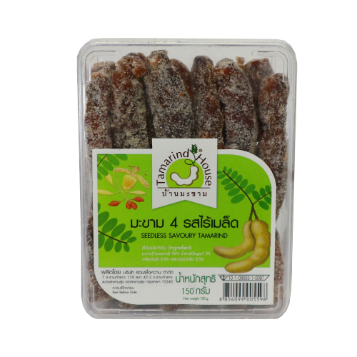 Tamarind House seedless savoury tamarind confectionery snack in a clear container, featuring dark, sticky tamarind pieces.