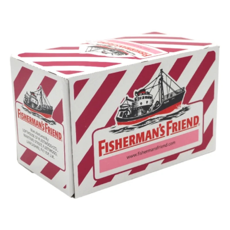 Fisherman's Friend Sugar Free Cherry lozenges in a clear wrapper, showcasing the bright red cherry flavor and branding.