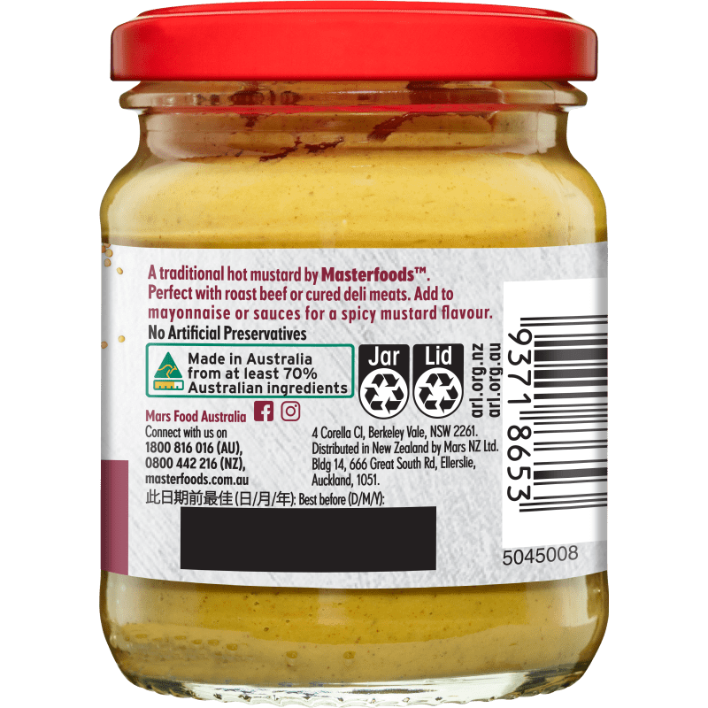 Jar of Masterfoods Hot English Mustard with yellow label and lid, showcasing the spicy mustard condiment for grocery use.