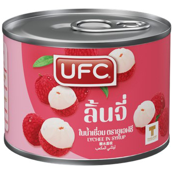 Ufc Lychee in syrup, canned fruit product for cooking or desserts, with lychee pieces in sweet syrup.