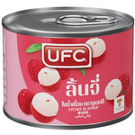 Ufc Lychee in syrup, canned fruit product for cooking or desserts, with lychee pieces in sweet syrup.