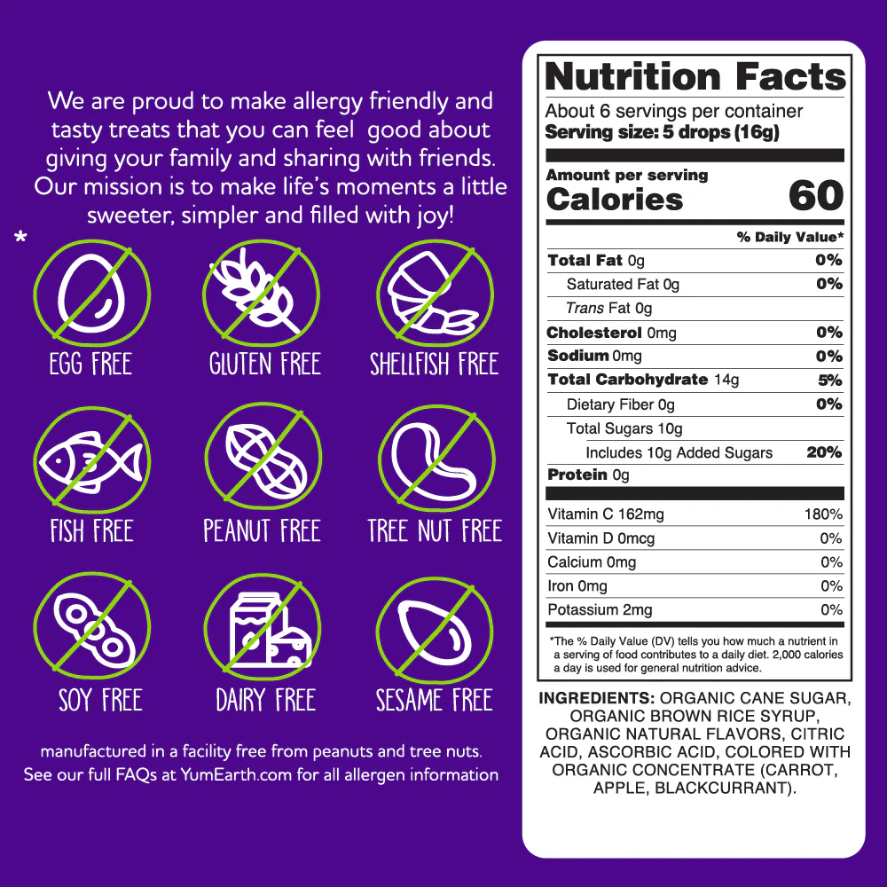 YumEarth Organic Vitamin C Fruit Drops candies in colorful package, showcasing vibrant fruit-flavored confectionery snacks.
