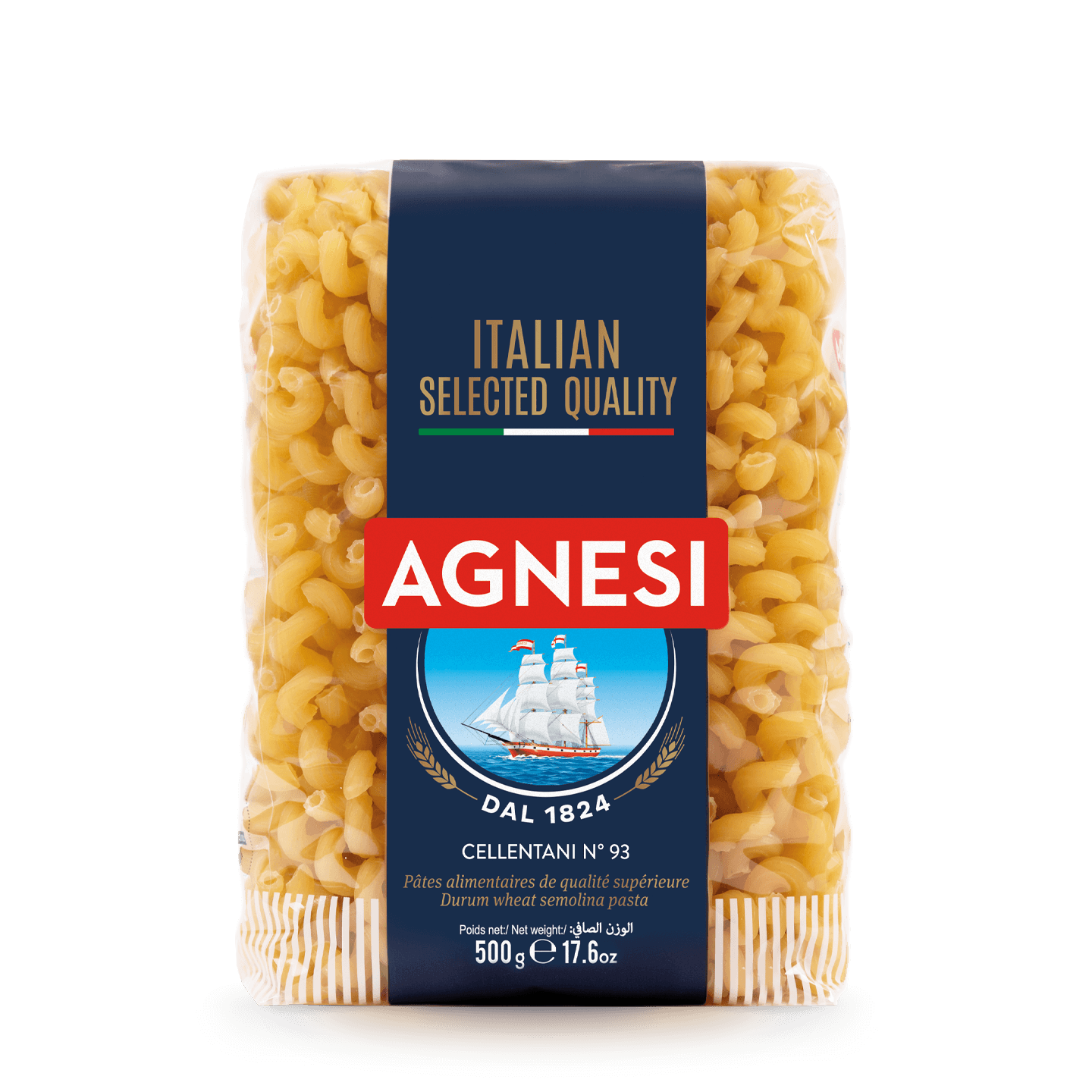 Agnesi Cellentani 93 pasta in a clear bowl, showing short, twisted pasta with ridged surface, from Agnesi grocery product line.