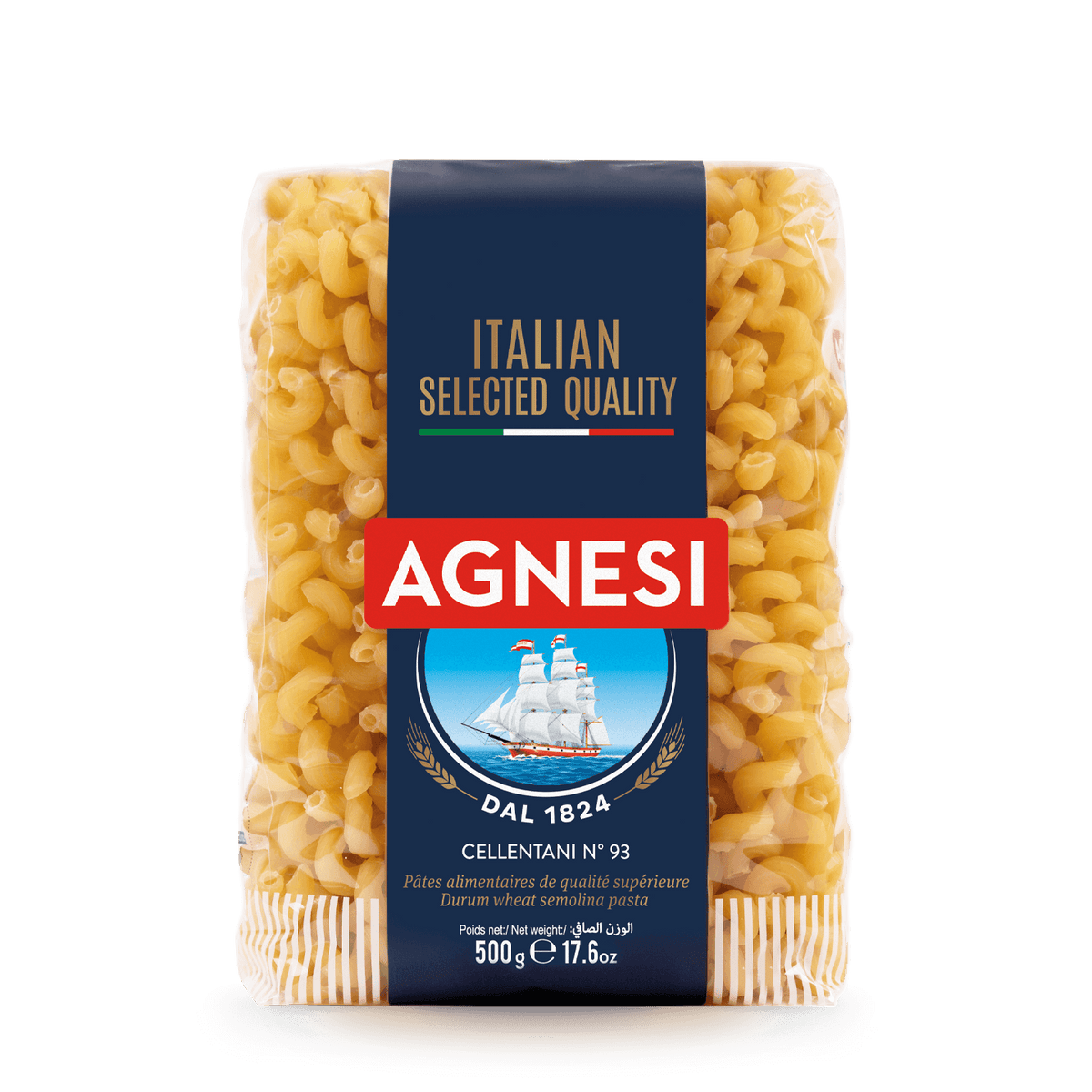Agnesi Cellentani 93 pasta in a clear bowl, showing short, twisted pasta with ridged surface, from Agnesi grocery product line.