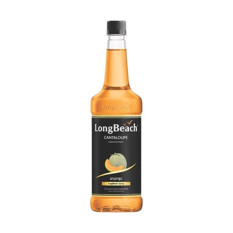 LongBeach Cantaloupe Syrup bottle, dry grocery product with a colorful label, suitable for flavoring beverages and desserts.