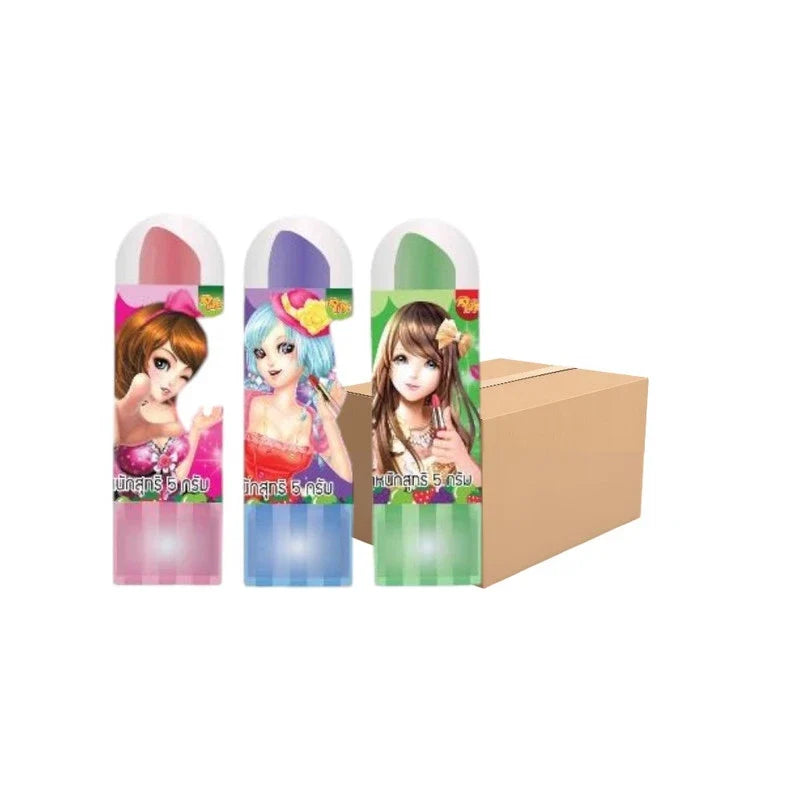 PIPP Pipp Pip Lipstick Candy packs featuring strawberry, grape, and apple flavors, colorful confectionery snacks.