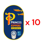 Six tins of Princes kipper fillet in sunflower oil, 190g each, arranged in a row, showcasing the canned fish product.