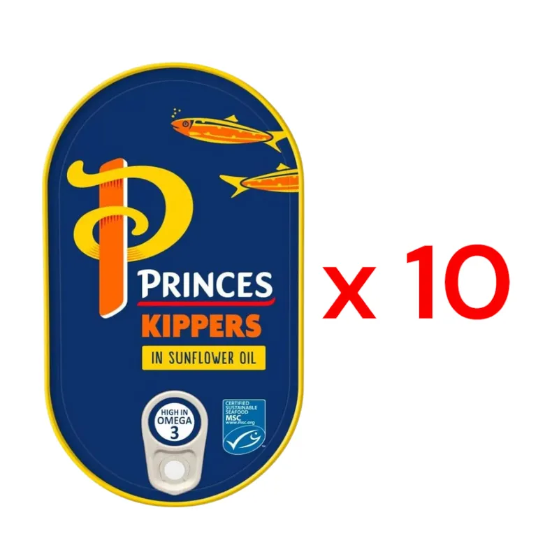 Six tins of Princes kipper fillet in sunflower oil, 190g each, arranged in a row, showcasing the canned fish product.
