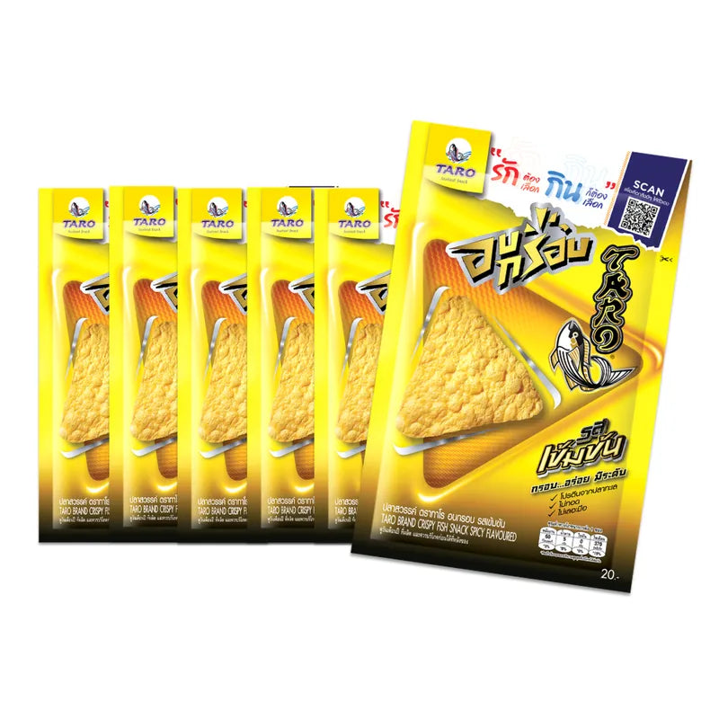 TARO Taro Crispy Fish Snack in spicy flavor, 18g packs, six pieces, dry grocery snack, colorful packaging with fish imagery