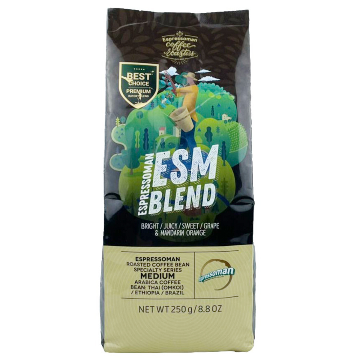 Espressoman Esm Blend coffee drink in a clear glass cup, showcasing rich espresso and milk layers, served hot.