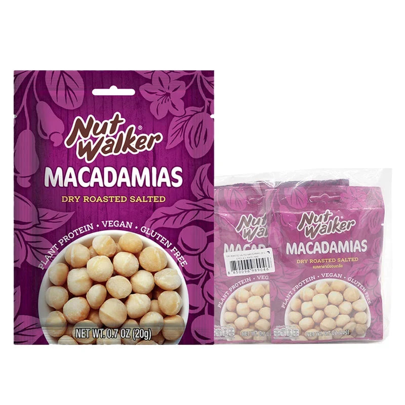 NUT WALKER Dry Roasted Salted Macadamias, 6 packs of 20g each, snack pack of crunchy, salted macadamia nuts.