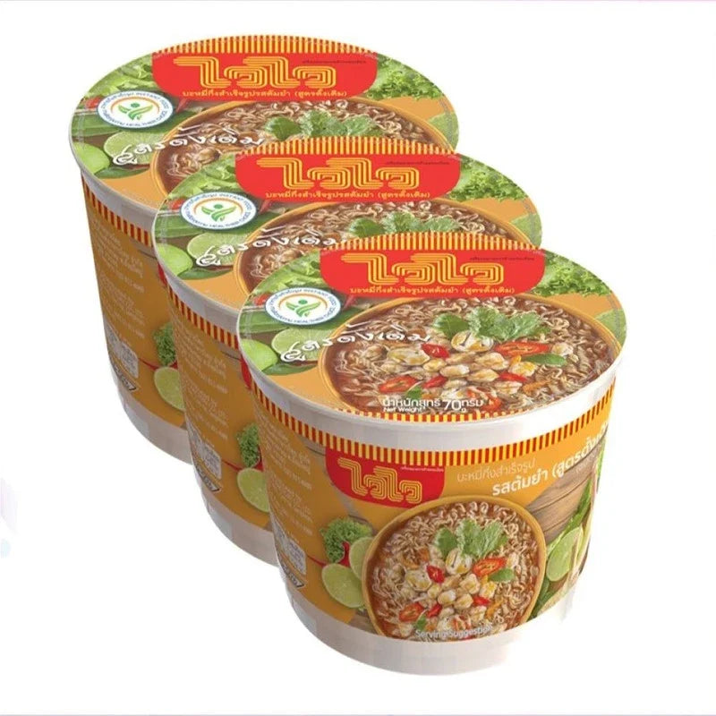 Waiwai Instant Noodles in bowl, Original Tom Yum flavor, 70g x3, dry grocery product with spicy Thai soup noodles