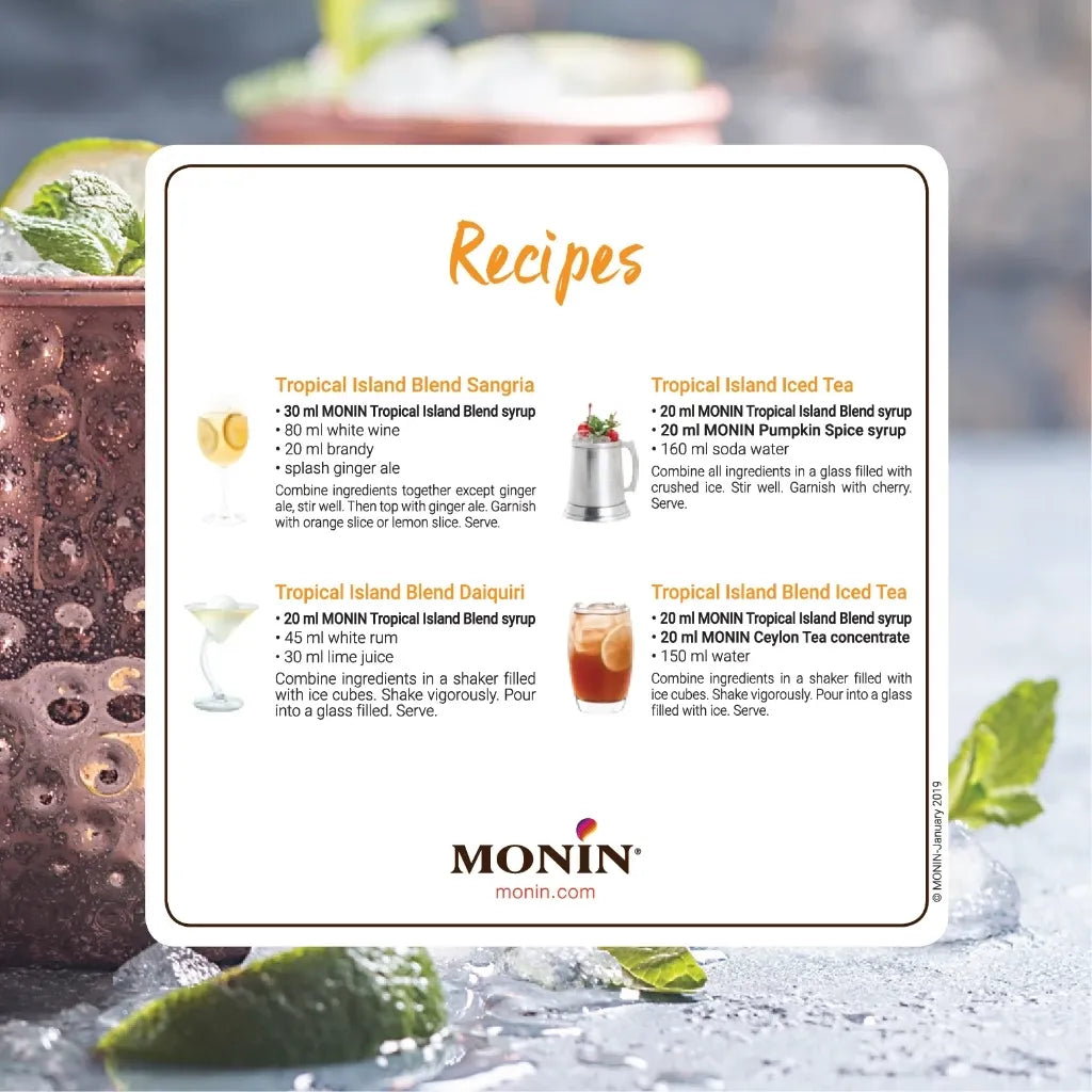 MONIN Tropical Island Blend Syrup 700ml bottle, dry grocery product with colorful label, ideal for cocktails and tropical drinks.