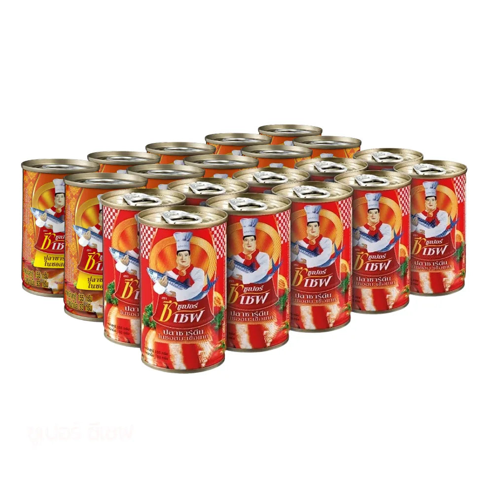Canned Super C Chef sardines in tomato sauce and spicy flavor, 155g per can, packed in a 20-pack for dry grocery.