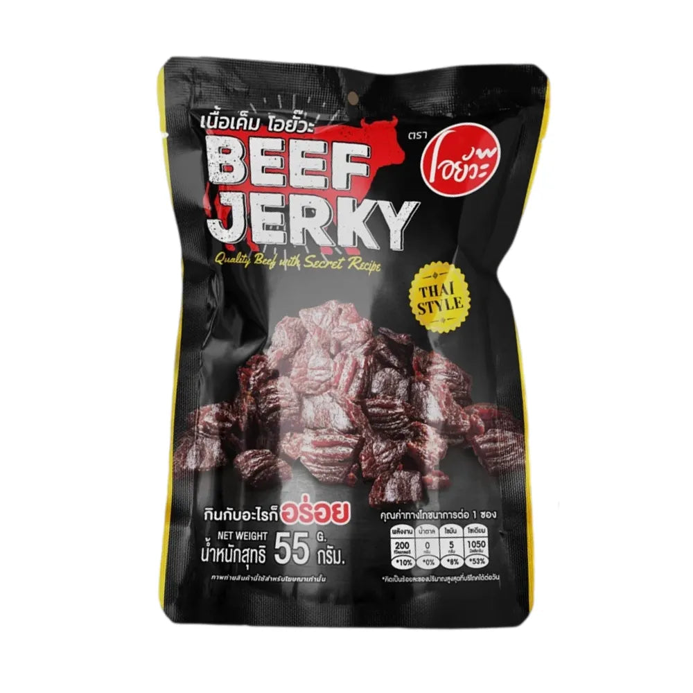O-yua Thai salty beef jerky snack in 55g package, showcasing thin slices of flavorful, good-grade beef in a clear wrapper.