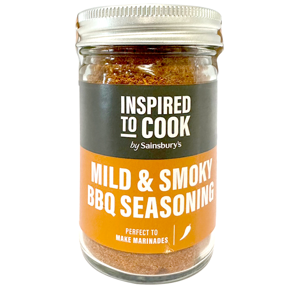Sainsbury's Itc Mild & Smoky BBQ Seasoning jar with label, ideal for grilling and adding smoky flavor to dishes.