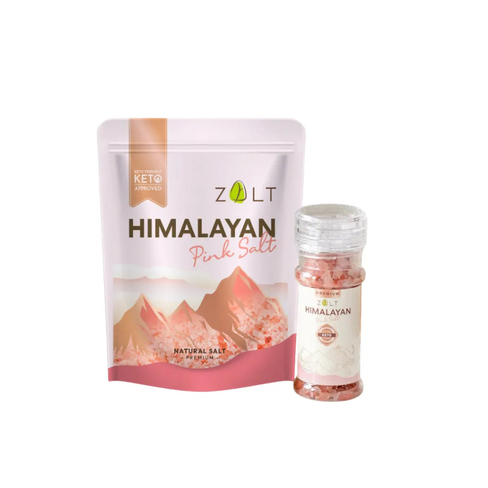 Zalt Himalayan pink salt in a clear container, showing pink crystals, with certification label, on a white background.