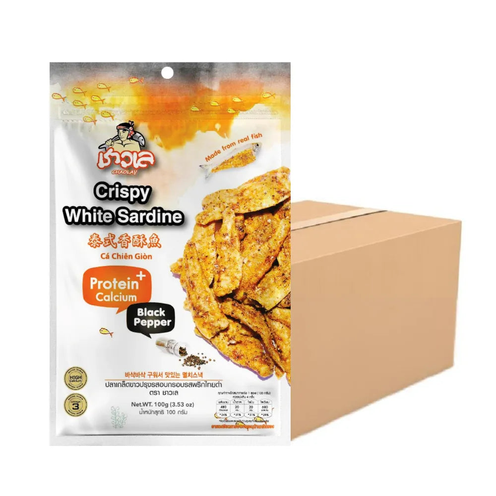 Chaolay Crispy White Sardine snack pack, 100g, displayed in a colorful package, part of CHAOLAY's confectionery snack range.
