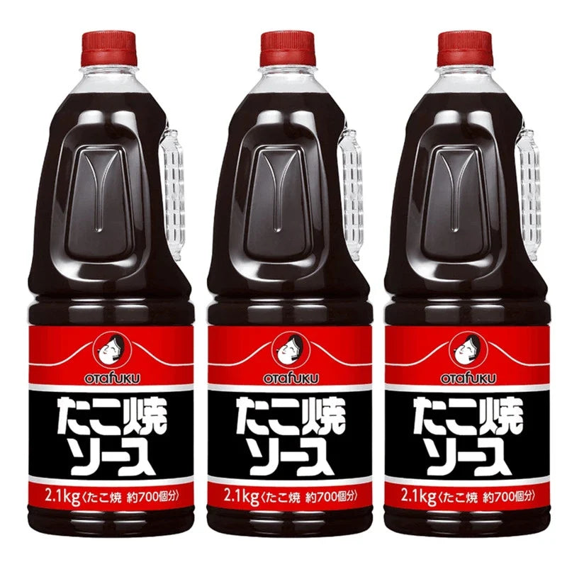 Otafuku Takoyaki Sauce 2.1kg bottle, three-pack, traditional Japanese dry grocery condiment for takoyaki and savory dishes.