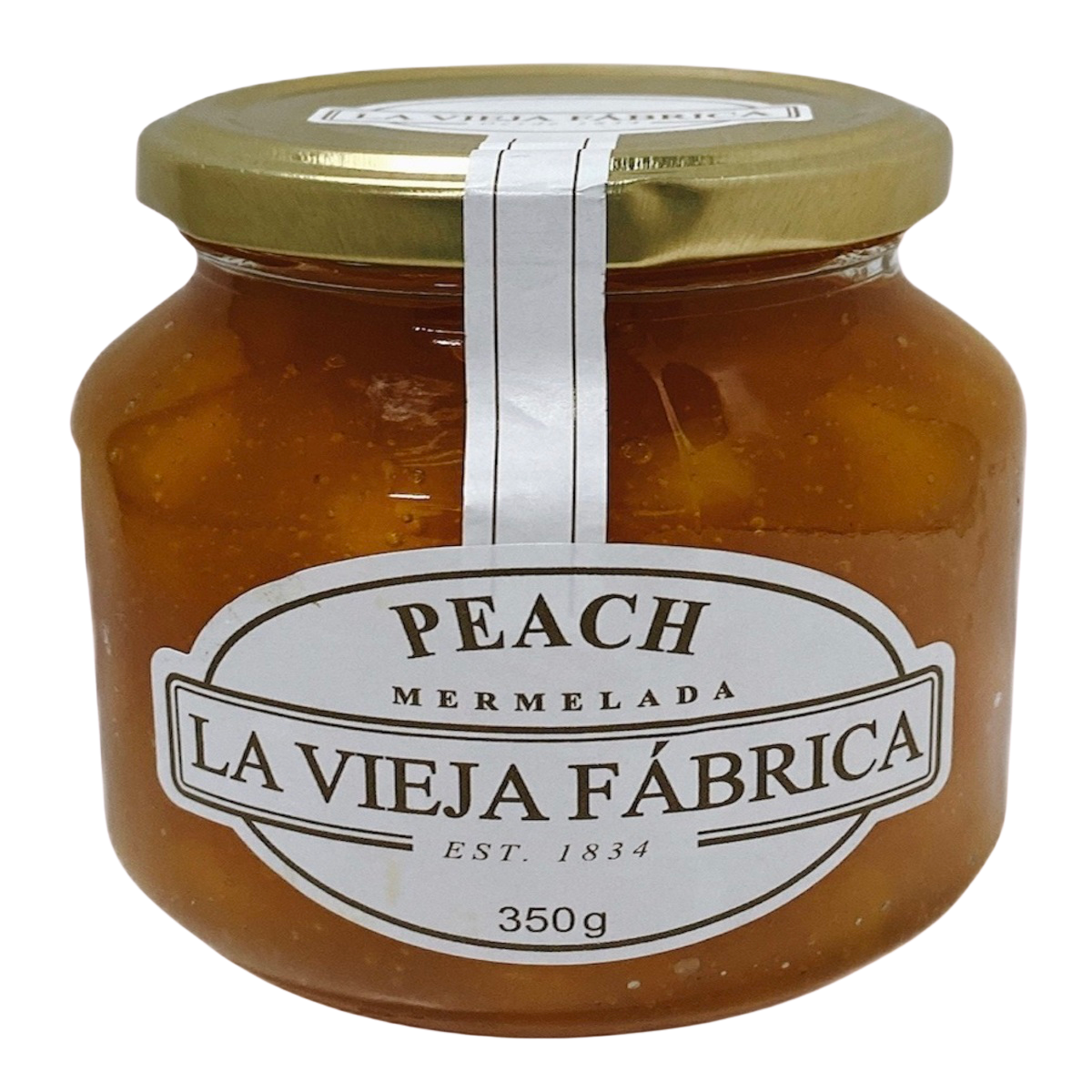 Glass jar of Fragata Peach Jam with a golden peach and jam spread visible, showcasing the fruity, sweet preserve.