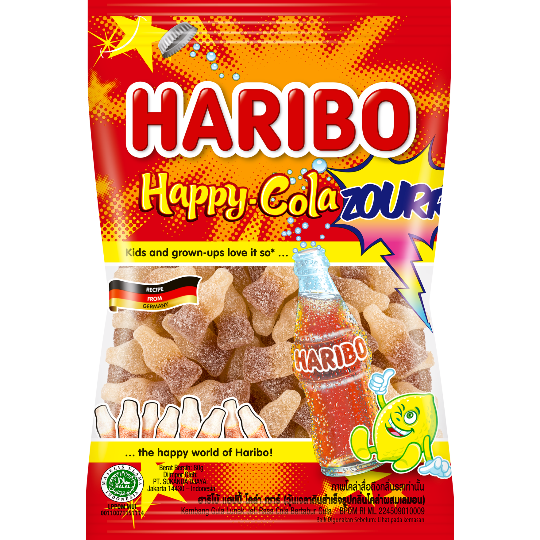 Colorful Haribo Happy Sour Cola confectionery snacks in a clear bag, featuring sour cola-flavored gummy candies.