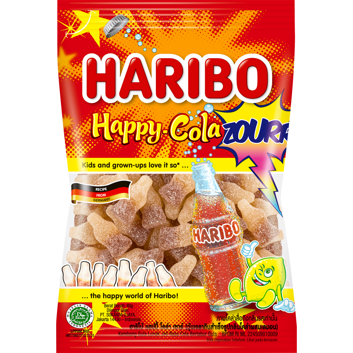 Colorful Haribo Happy Sour Cola confectionery snacks in a clear bag, featuring sour cola-flavored gummy candies.