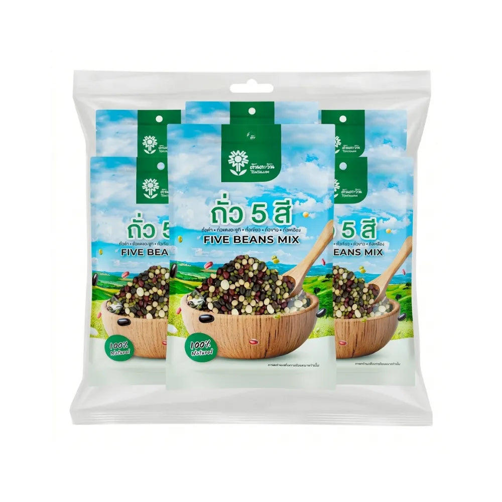 Six packs of Tontawan 5-colored Beans, 150g each, colorful dry grocery product from the TONTAWAN brand.
