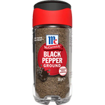 Ground black pepper by McCormick in a clear container, showing the dark, finely ground spice suitable for cooking and seasoning.