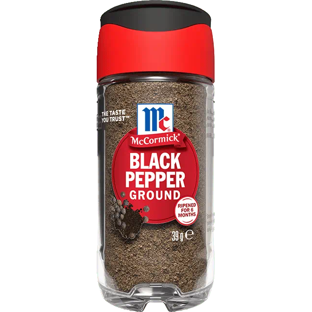 Ground black pepper by McCormick in a clear container, showing the dark, finely ground spice suitable for cooking and seasoning.