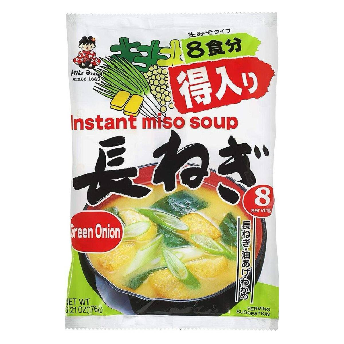 Shinsyuichi Instant Miso Soup with green onions in a bowl, showcasing the traditional Japanese grocery product.