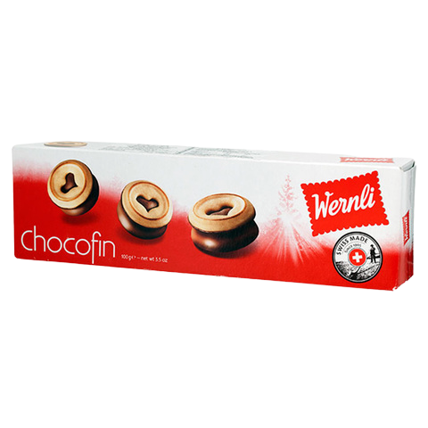 Wernli Chocofin Biscuit, a confectionery snack with chocolate coating and biscuit inside, shown on a white background.