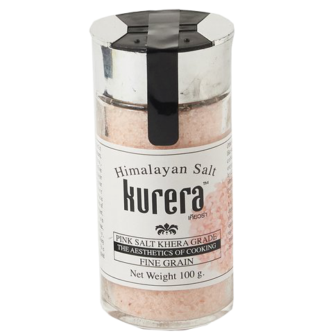Kurera Himalayan Pink Salt fine grain in a clear container, showing pink crystalline salt for cooking and seasoning.