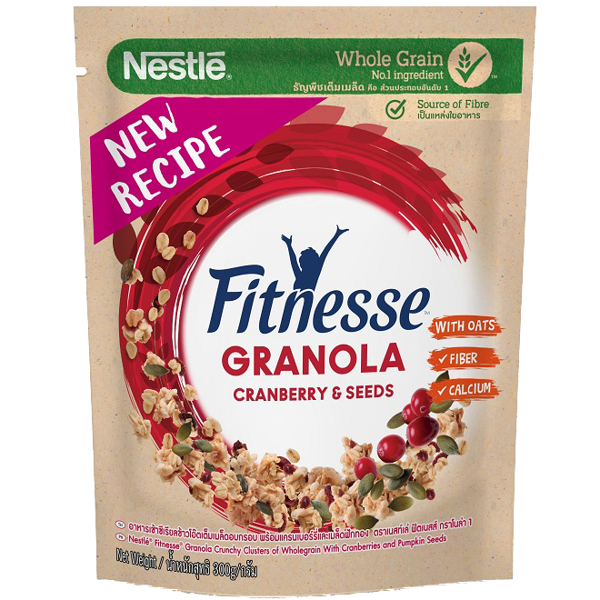 Nestle Fitnesse granola with oats, cranberries, and pumpkin seeds in a grocery product image.
