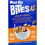 Sanitarium Weet Bix Bites Apricot breakfast cereal in a bowl with dried apricots and milk, ready to eat.