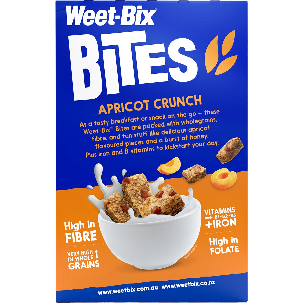 Sanitarium Weet Bix Bites Apricot breakfast cereal in a bowl with dried apricots and milk, ready to eat.