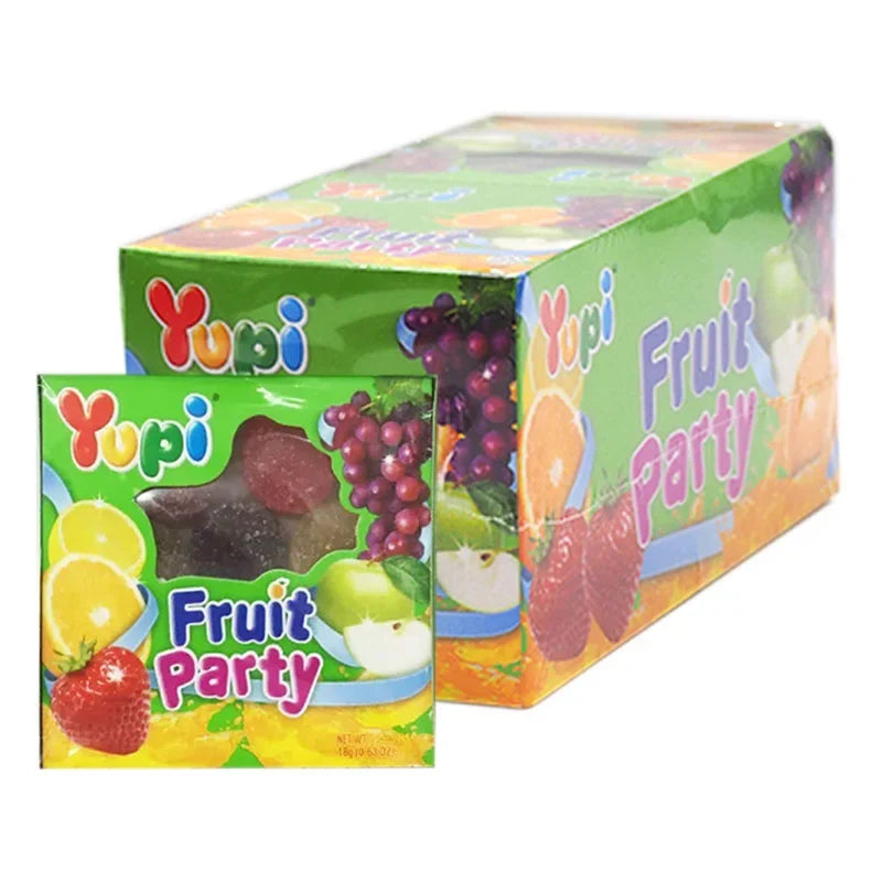 YUPI Yupi Gummy Fruit Party snack in 18g pack, colorful gummy candies shaped like various fruit pieces, dry grocery confectionery