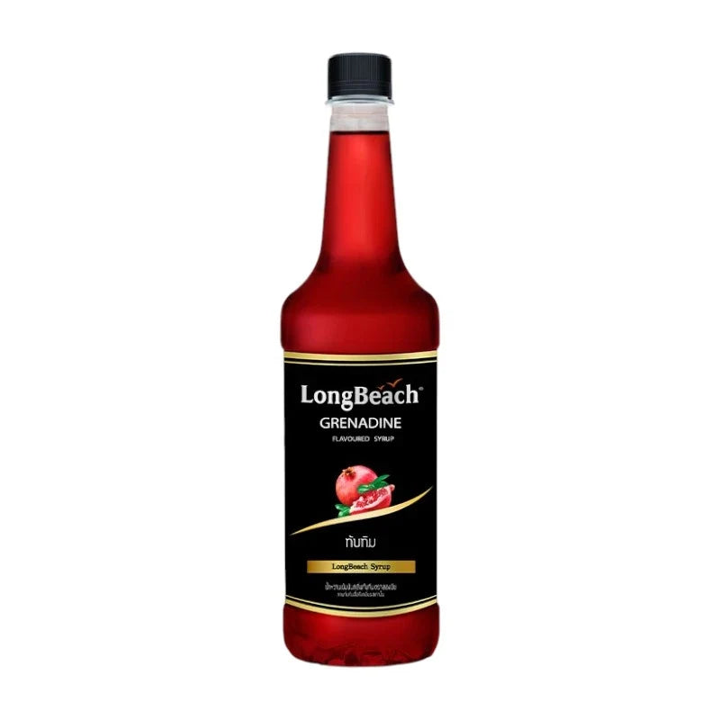 LongBeach Grenadine Syrup bottle in a 740ml size, shown in a clear image, ideal for cocktails and beverage mixing.