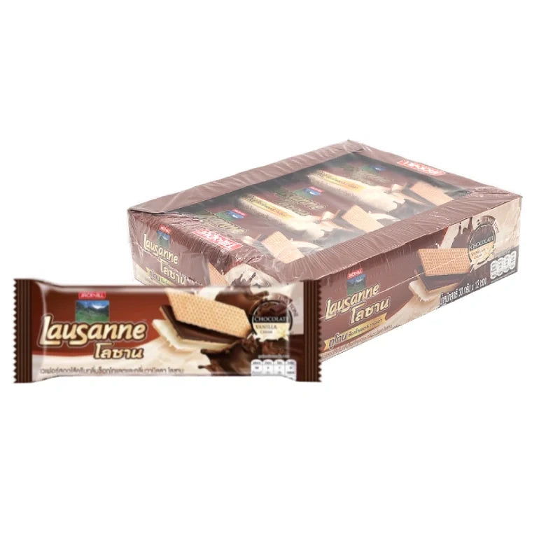 LAUSANNE Lausanne Two-Tone Wafer with chocolate and vanilla cream, 30g per piece, shown in packaging with wafers on a white background.