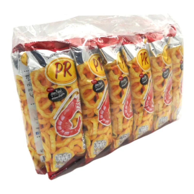 PR Extrude Shrimp Spicy snack, 16g per pack, displayed in a colorful, close-up image of shrimp-flavored snack bites.