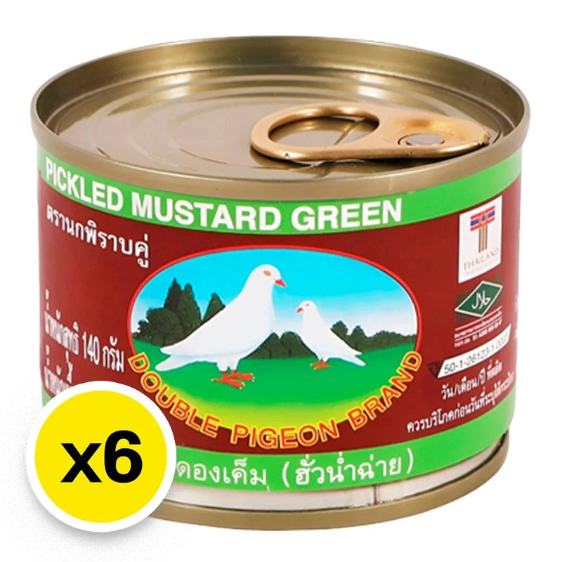 Double Pigeon Green Mustrad Pickle in a jar, 140g, featuring vibrant green mustard seeds, part of dry grocery collection.