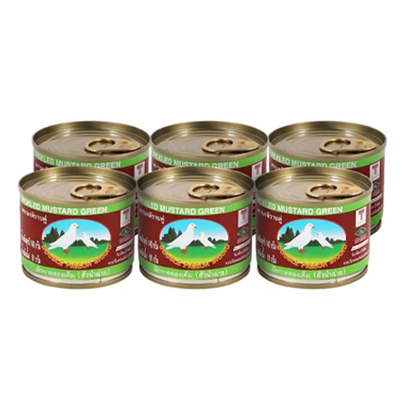 Double Pigeon Green Mustrad Pickle in a jar, 140g, part of a pack of six, for dry grocery use.