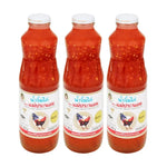 Maepranom Chicken Sauce in 980g bottles, three-pack, Thai dry grocery product with dark sauce in glass bottles.