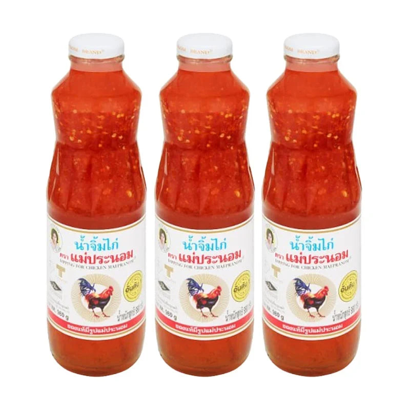 Maepranom Chicken Sauce in 980g bottles, three-pack, Thai dry grocery product with dark sauce in glass bottles.