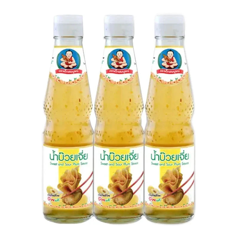 DEK SOM BOON Boon Plum Sauce 350g, three bottles, shown in a close-up image, suitable for dry grocery shopping.