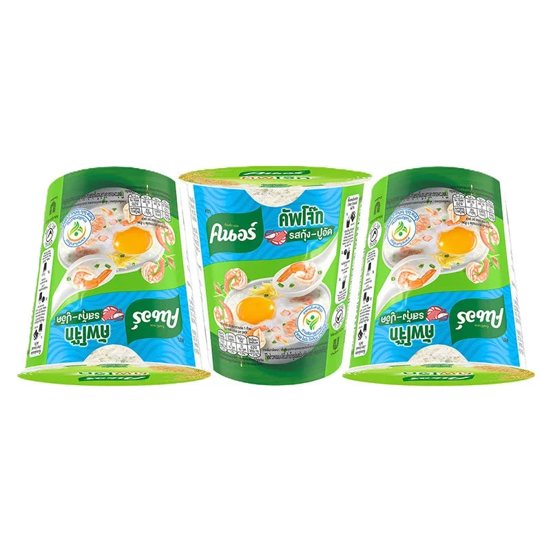 Dry grocery image of Knorr Cup Instant Jasmine Rice Porridge with shrimp and crab, showcasing the packaged instant rice product.
