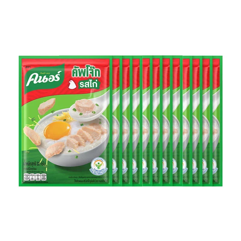 Knorr Jok Chicken Flavor sachets, 32g each, arranged in a box, for enhancing Asian cuisine dishes, dry grocery product.
