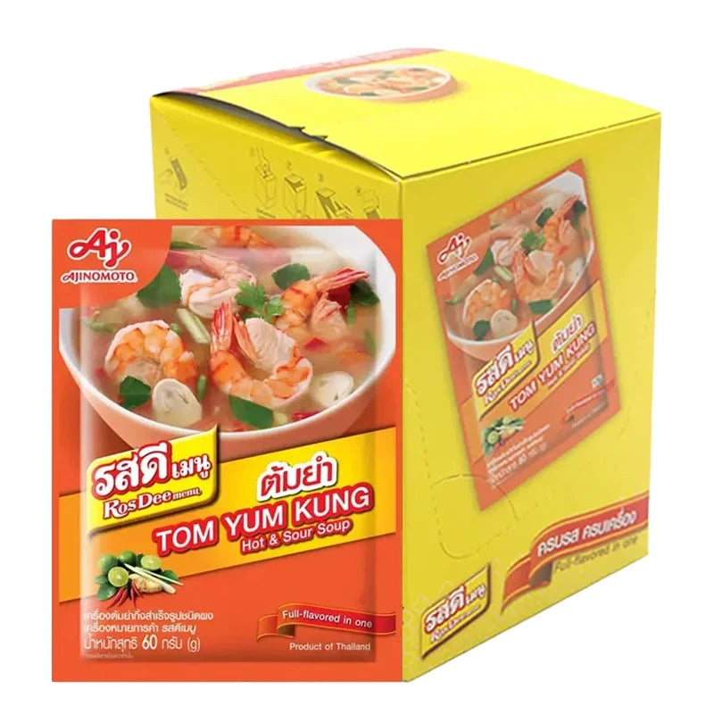 Rosdee Menu TOM YUM dry grocery seasoning packet, 60g, with red and green packaging and product label visible.