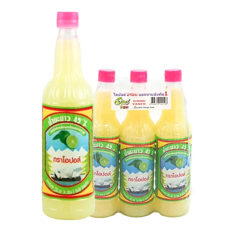 OPAL Opal Lemon Juice 45% in 750ml bottles, dry grocery product, showing three bottles with lemon juice labels