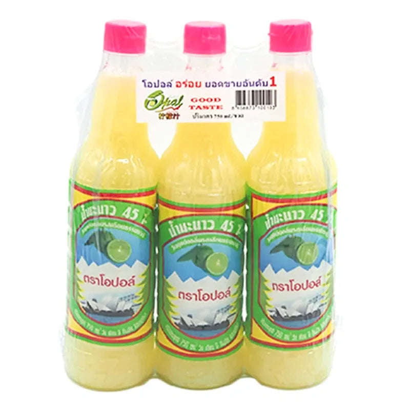 Opal Lemon Juice 45% in three 750ml bottles, clear liquid with lemon label, packaged for dry grocery use.